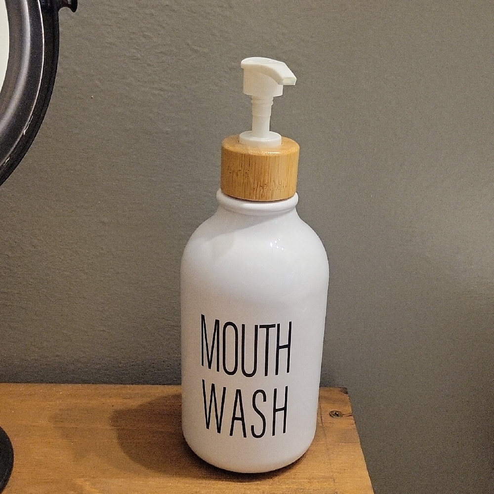 White Mouth Wash Dispenser with Bamboo Lid